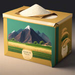 大米包装盒设计，画面元素有水稻田，群山