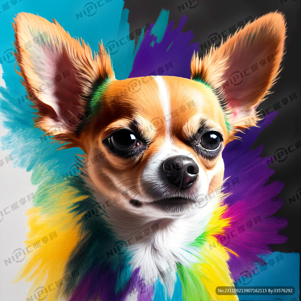 吉娃娃用蜡笔帮他的毛上画七彩的