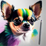 吉娃娃宠物，用蜡笔在吉娃娃的毛上画七彩的颜色