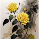 中国画 玫瑰小花  黄色  藤蔓