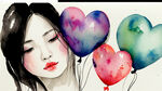 由蝴蝶，气球，爱心组成的水彩画图案，颜色适合春夏季女生。