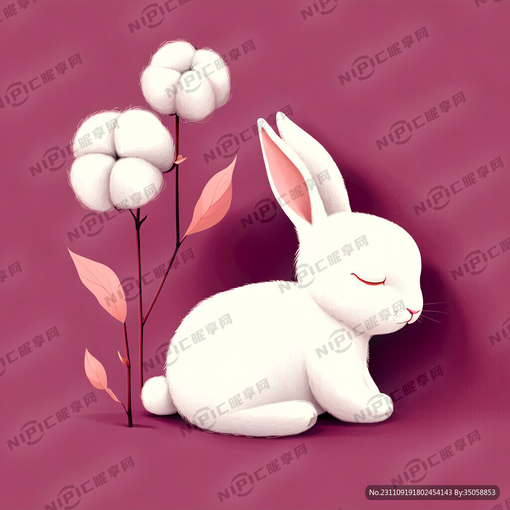 棉花 粉白色 兔子睡在棉花上