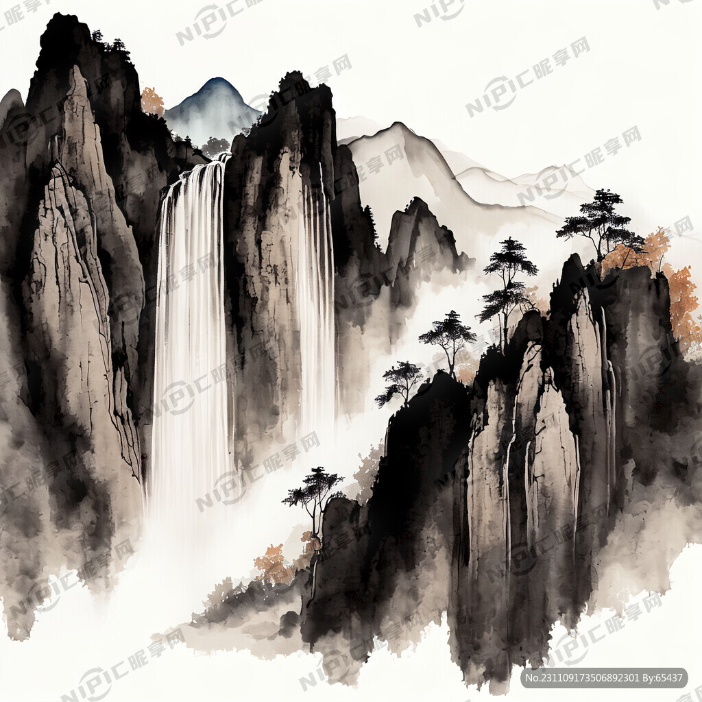 山 三层瀑布 岩壁 线描