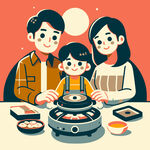 一家三口吃火锅扁平插画
