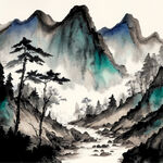 中国国画风格，古代中医 大夫 采摘中药 山林中