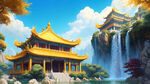 金龙戏水，瀑布，水潭，蓝天，清皇家行宫