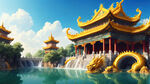 金龙戏水，瀑布，水潭，蓝天，清皇家行宫