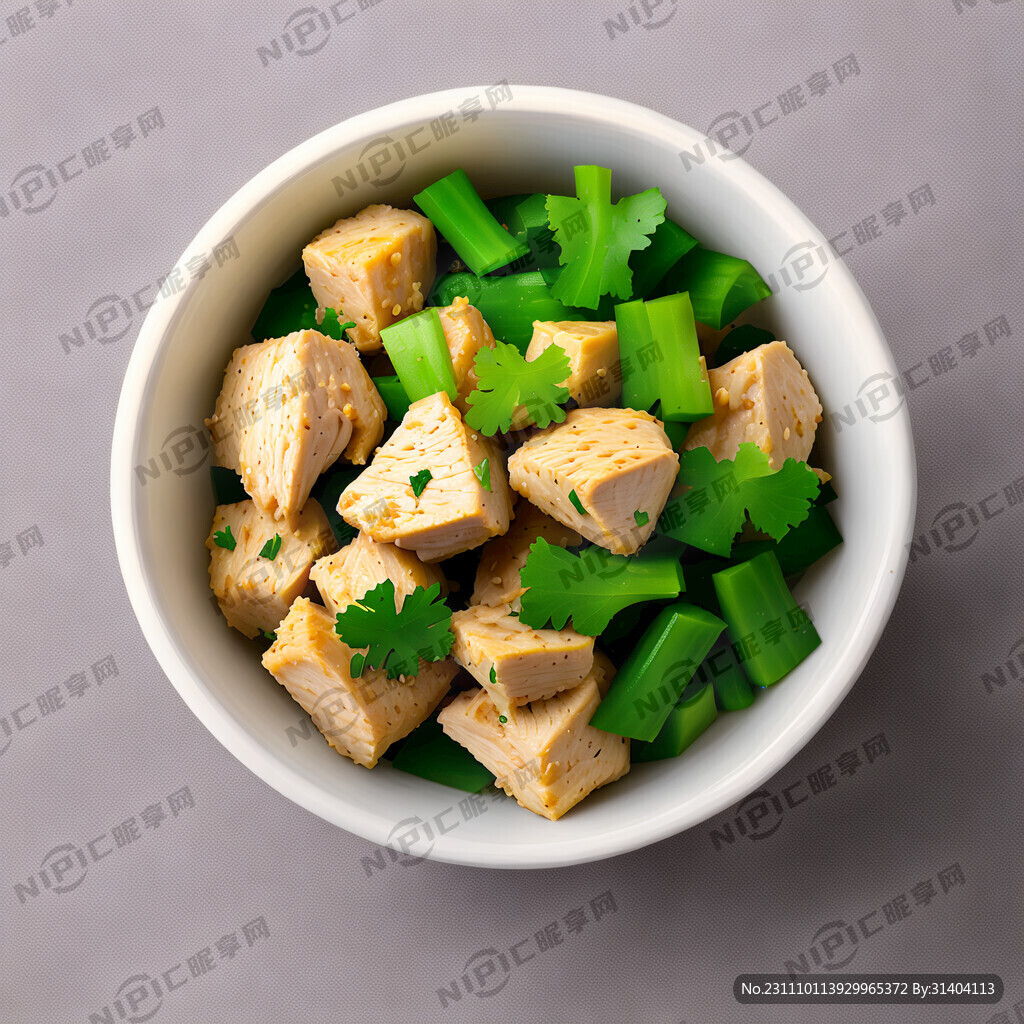 俯视 一碗鸡丁 白色的碗