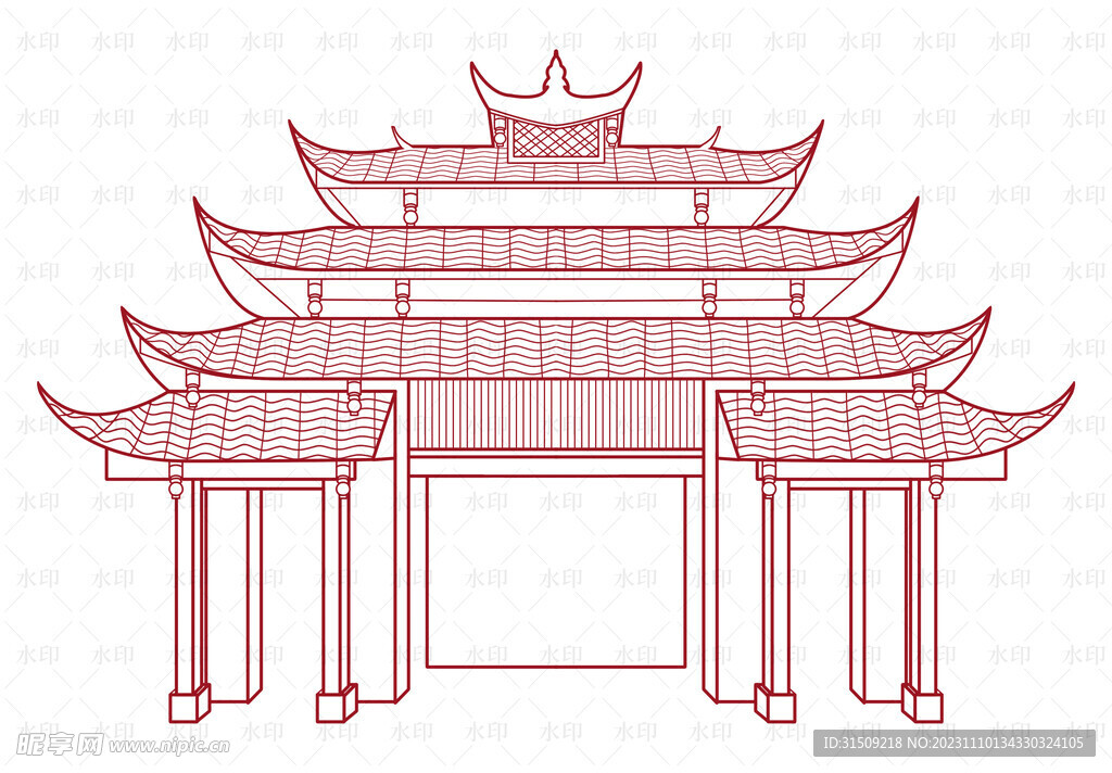 古代建筑大门线稿