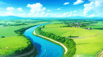 背景是绿色大草原，蓝天白云，有干净的水源，一条河流，有几头奶牛在上面