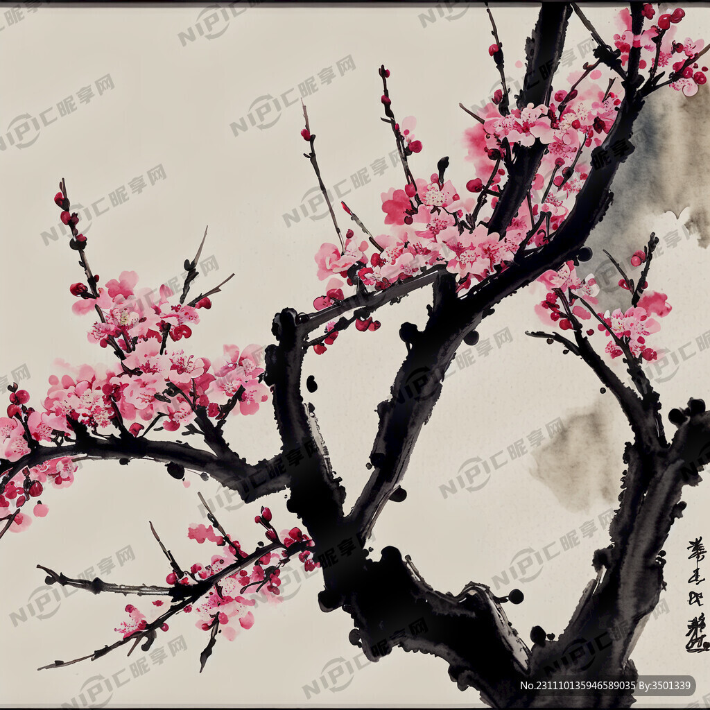 水彩画 花 樱桃 树叶 枝干