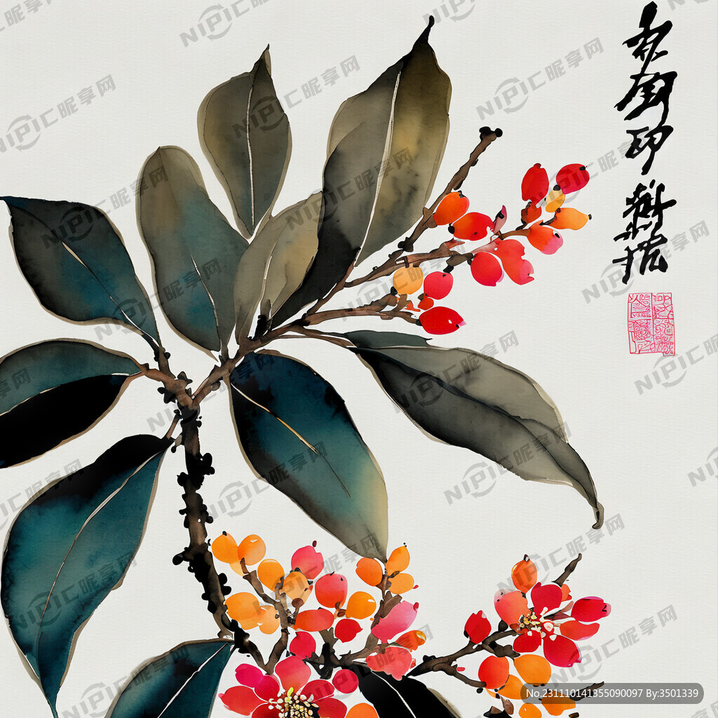 水彩画 花果 树叶 枝干 清新