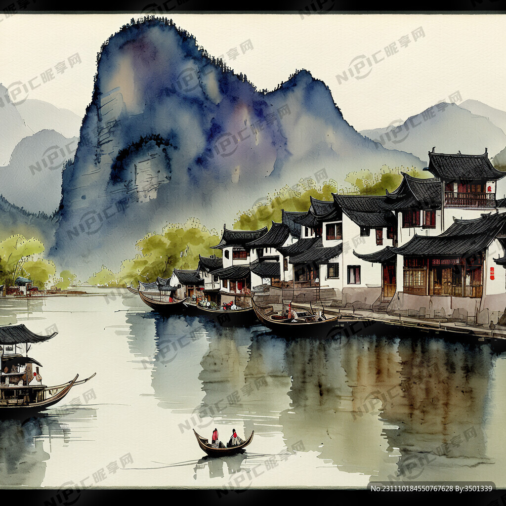 南方渡口 渡船 游人 上方 花