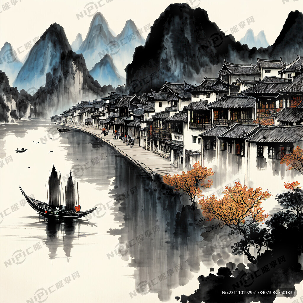 南方渡口 渡船 游人 近处小镇