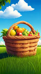 水果超市海报，背景为上半部分蓝天白云，下半部分为草地，水果篮子在草地上，篮子中的水果上带有水珠，