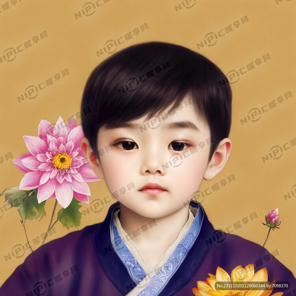 图片中描绘的是一朵花和一个男孩