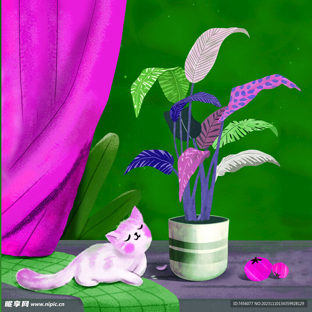 盆栽猫水彩艺术挂画装饰画