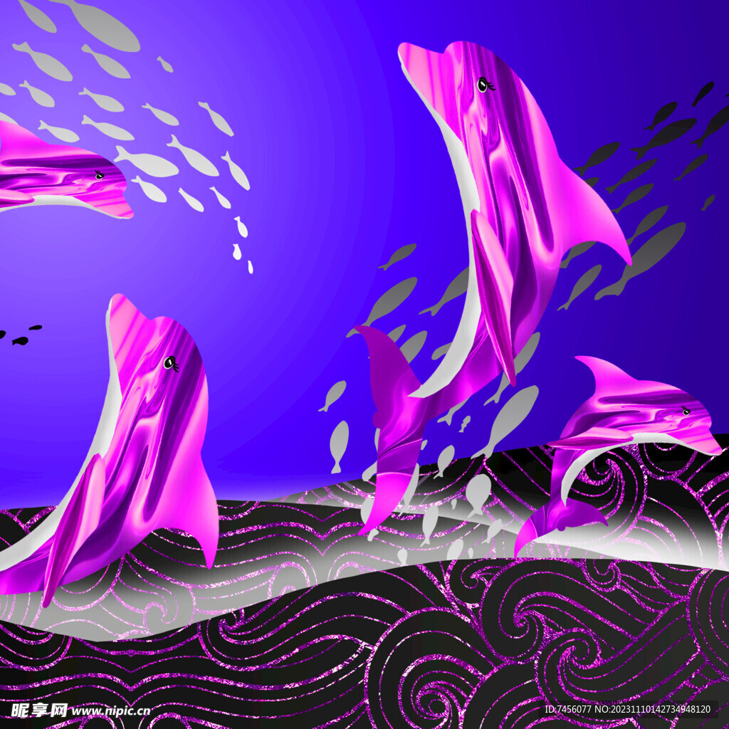 紫色海豚唯美艺术挂画装饰画