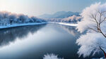 江边雾凇，天色唯美，超广角，超宽画幅，右下角有雪地