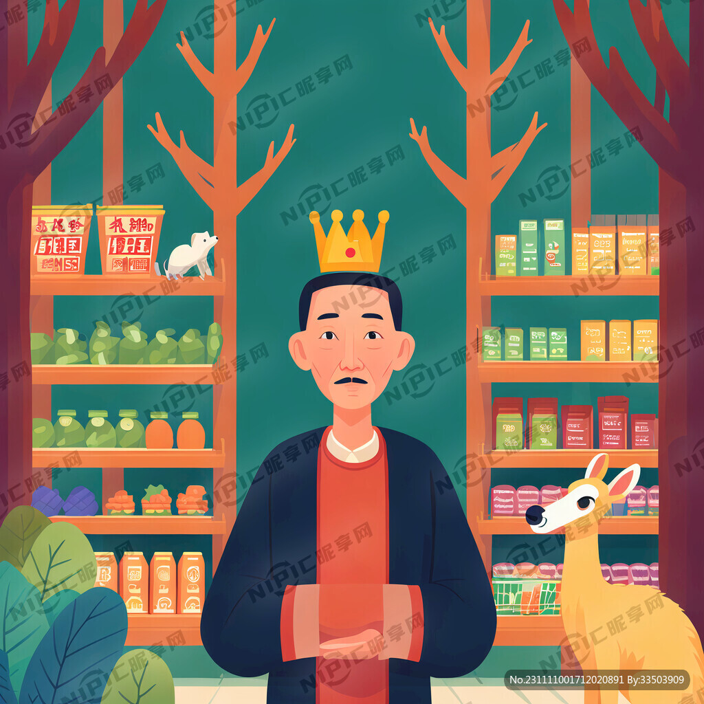 戴王冠的中年男人开在森林里的小