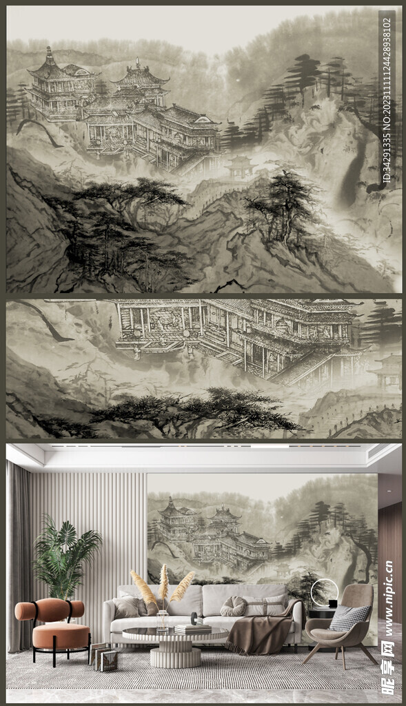 现代中式山水背景壁画