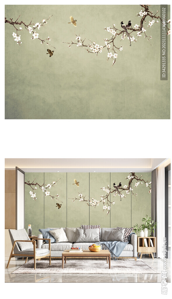 中式花鸟背景壁画 