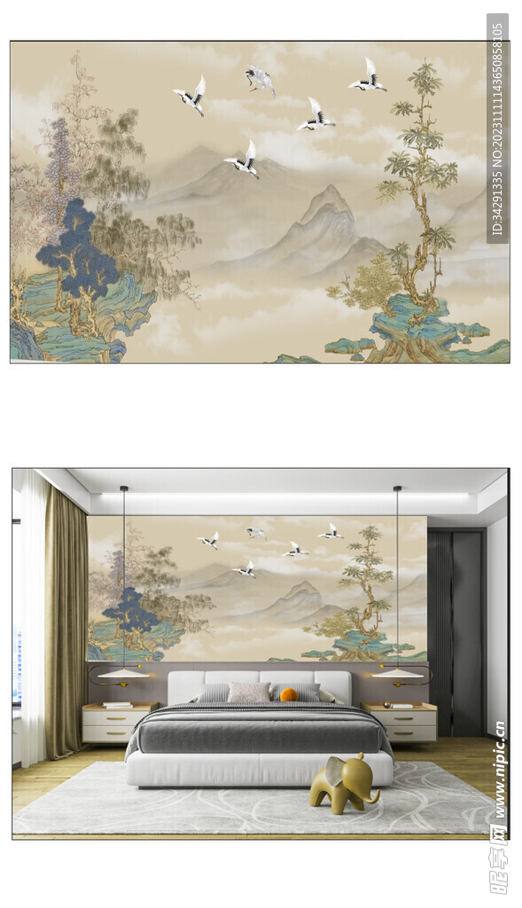  现代中式 花鸟背景壁画 