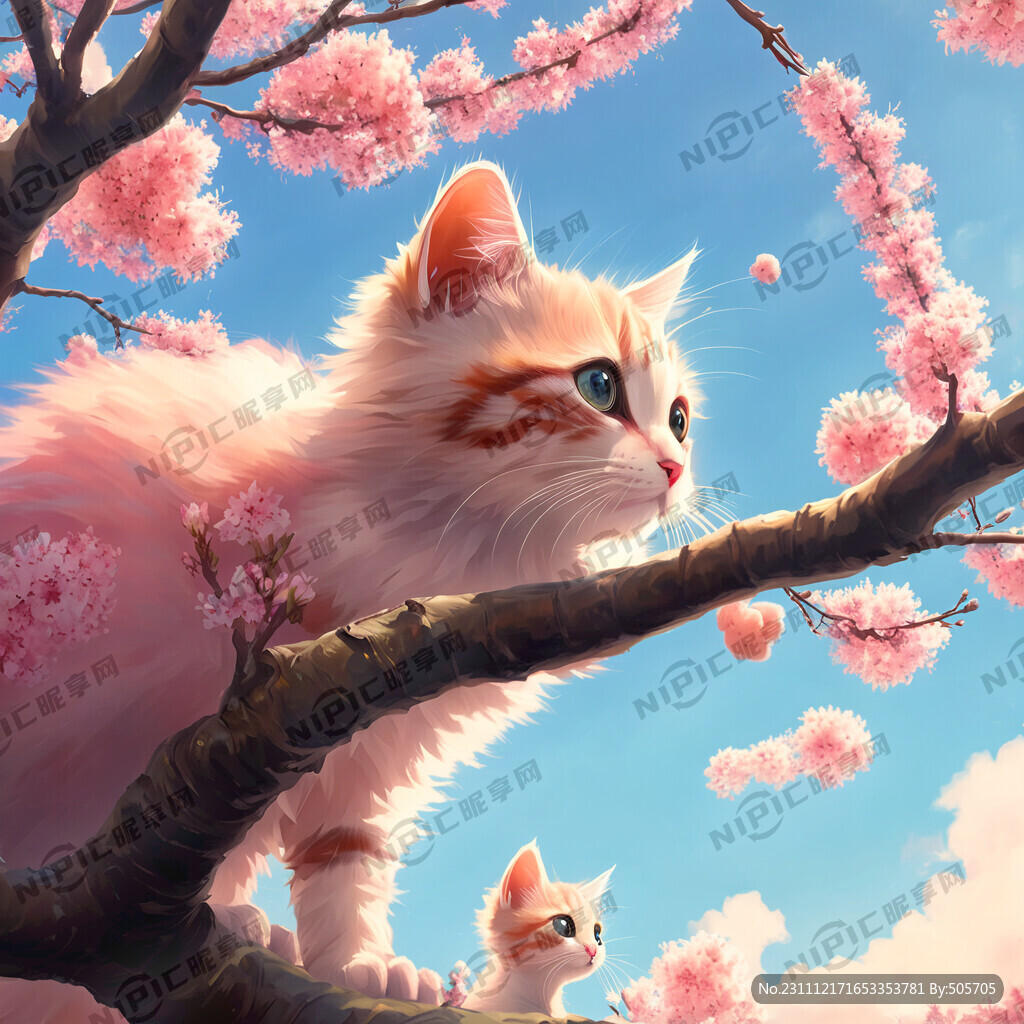 桃树下 一只望着天空的小花猫