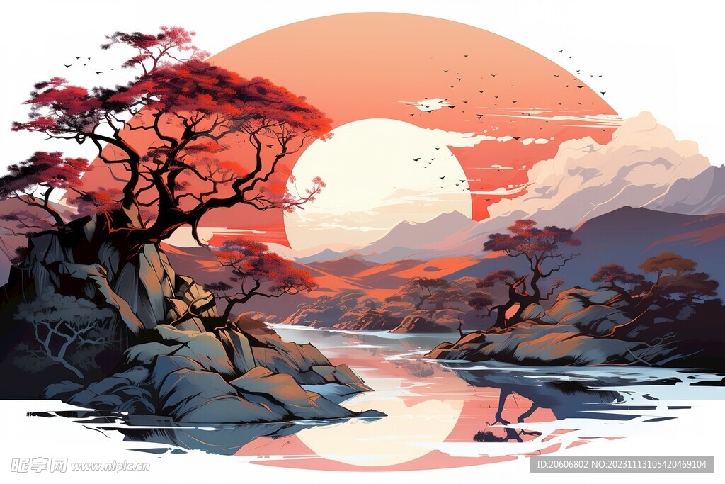 山水东方风景插画