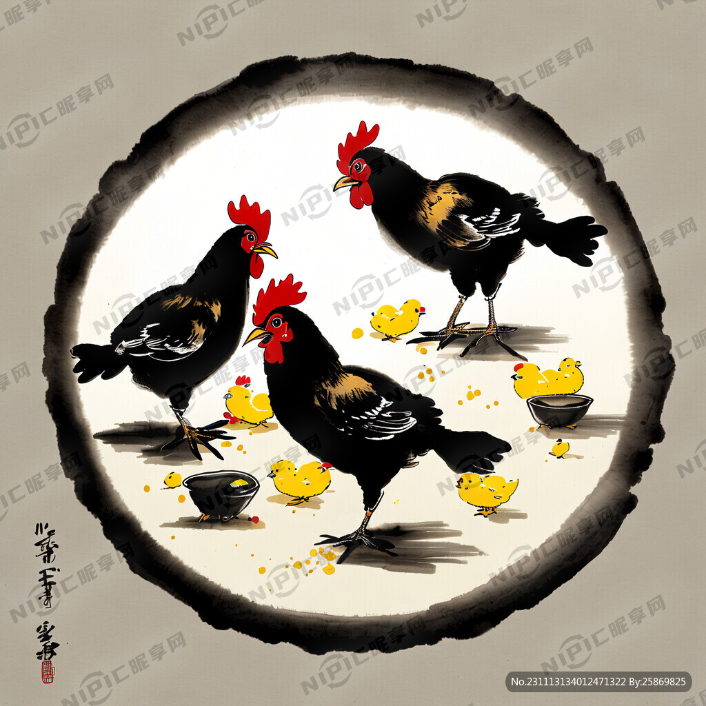 简单手绘的描画几只小鸡在吃东西