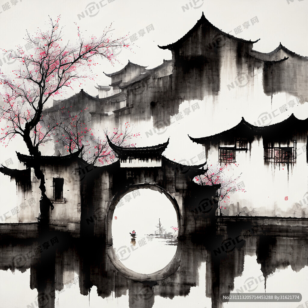 水墨江南水乡背景墙