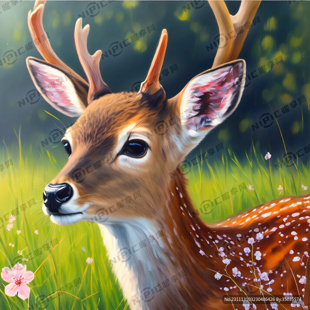 小草 梅花鹿 春天 油画