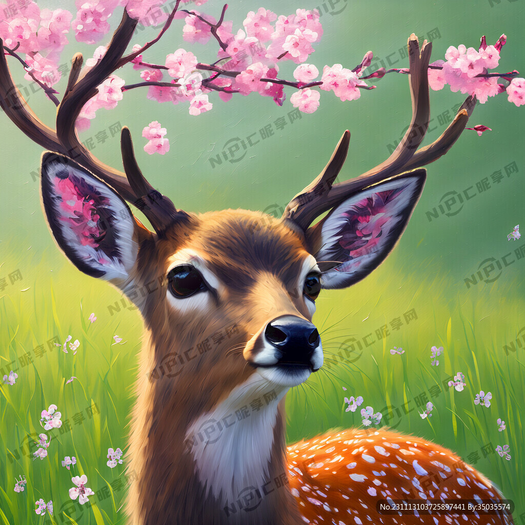 小草 梅花鹿 春天 油画