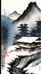 清晨的飘雪冬天。竹林前中国式山区农舍前小溪石桥，微风吹农舍青烟，栏杆围农舍