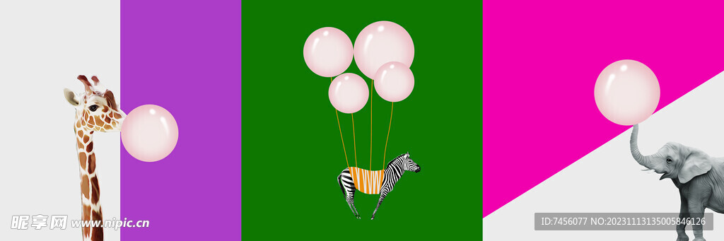 吹泡泡气球动物三联挂画