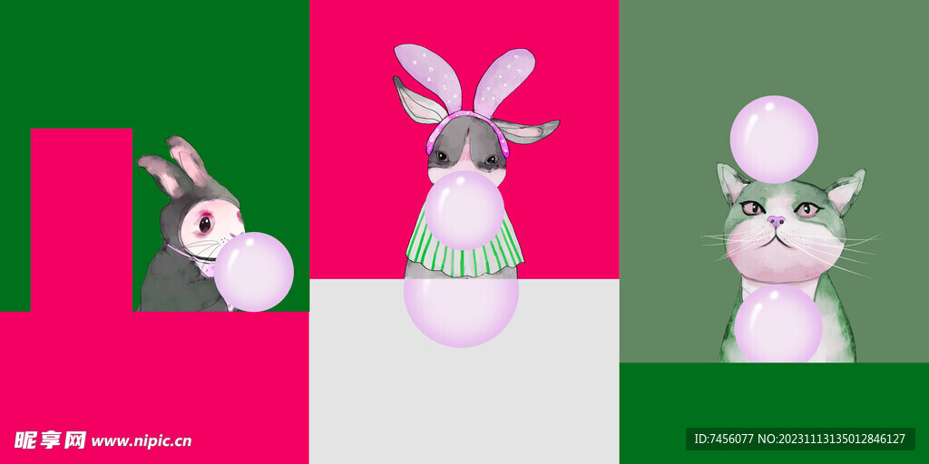 水彩猫兔子三联挂画装饰画