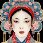 戏曲  脸谱   中国传统云纹  对称  中国风 丝巾 几何构成 丰富细节 扁平插画  平面 满庭芬芳