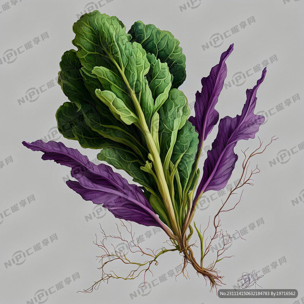 菜苔 绿叶黄花 紫色茎干 手绘