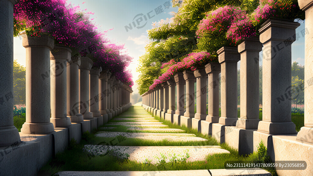 一排石栏杆全景 有树花草