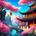 游戏梦幻唯美新中式风景，超高清，细节刻画，沐浴在花瓣里满天花瓣，飘渺电影般环境，明亮清晰 虚拟现实