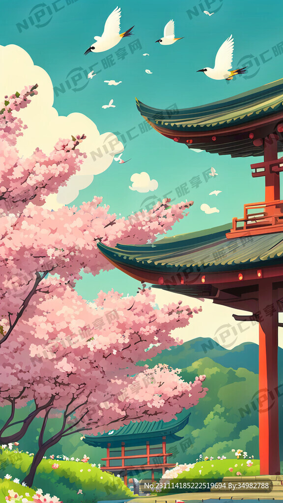 春天 鸟 花 古建 卡通 清新