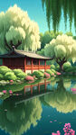 古建，池塘，柳树，花，墙，卡通，宫崎骏，清新