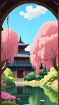 古建，池塘，柳树，墙花，卡通，宫崎骏，清新
