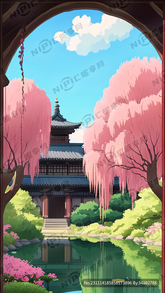 古建 池塘 柳树 墙花 卡通
