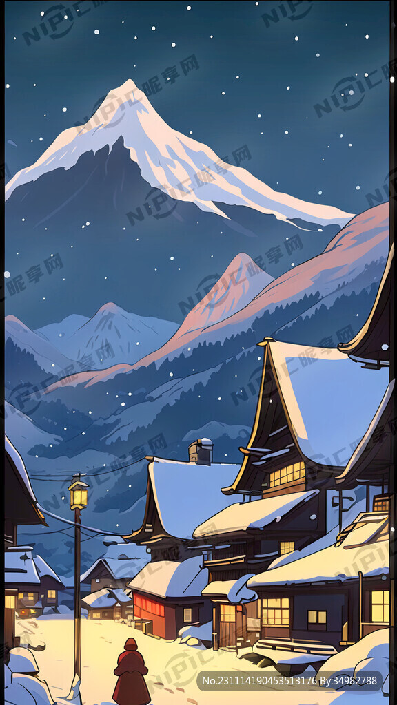 雪夜 村庄 山 卡通 宫崎骏
