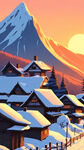 雪，村庄，山，夕阳，卡通，宫崎骏，清新