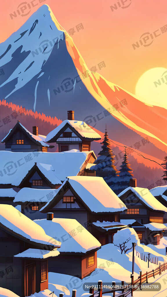雪 村庄 山 夕阳 卡通 清新