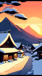 雪，古村，山，夕阳，卡通，宫崎骏，清新