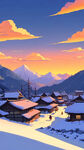 雪，古村，山，夕阳，卡通，宫崎骏，清新