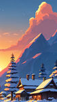 雪，村庄村，山，夕阳，卡通，宫崎骏，清新